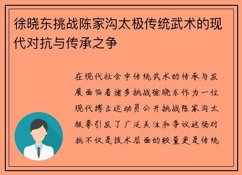 徐晓东挑战陈家沟太极传统武术的现代对抗与传承之争