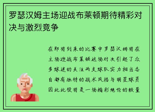 罗瑟汉姆主场迎战布莱顿期待精彩对决与激烈竞争