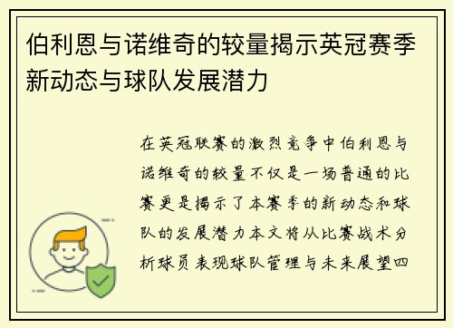 伯利恩与诺维奇的较量揭示英冠赛季新动态与球队发展潜力