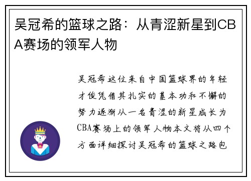 吴冠希的篮球之路：从青涩新星到CBA赛场的领军人物