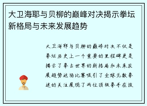 大卫海耶与贝柳的巅峰对决揭示拳坛新格局与未来发展趋势