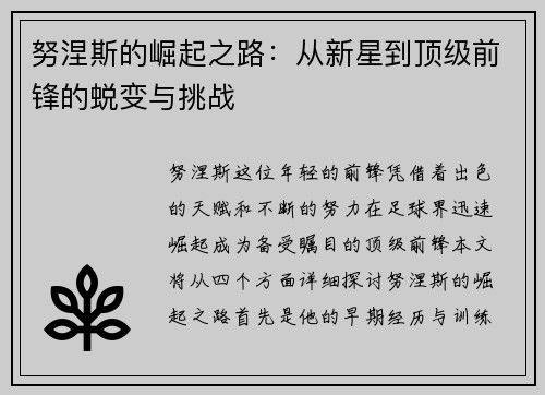 努涅斯的崛起之路：从新星到顶级前锋的蜕变与挑战