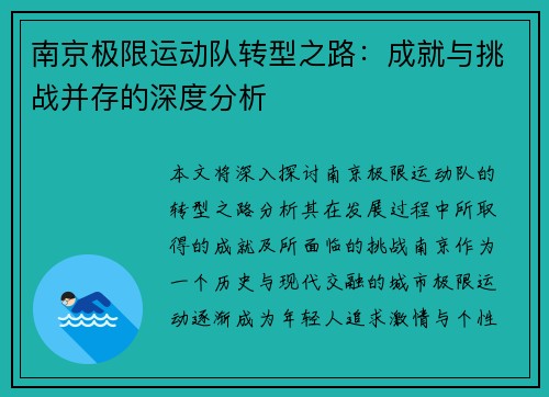 南京极限运动队转型之路：成就与挑战并存的深度分析