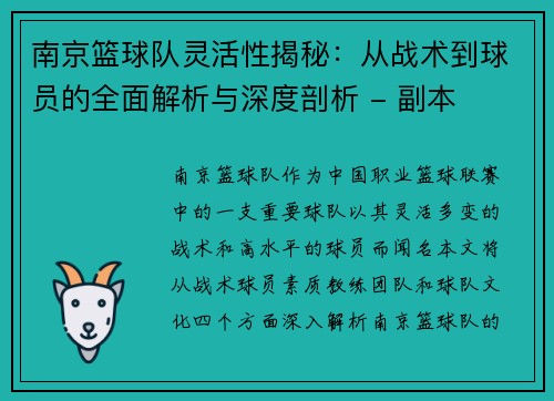 南京篮球队灵活性揭秘：从战术到球员的全面解析与深度剖析 - 副本